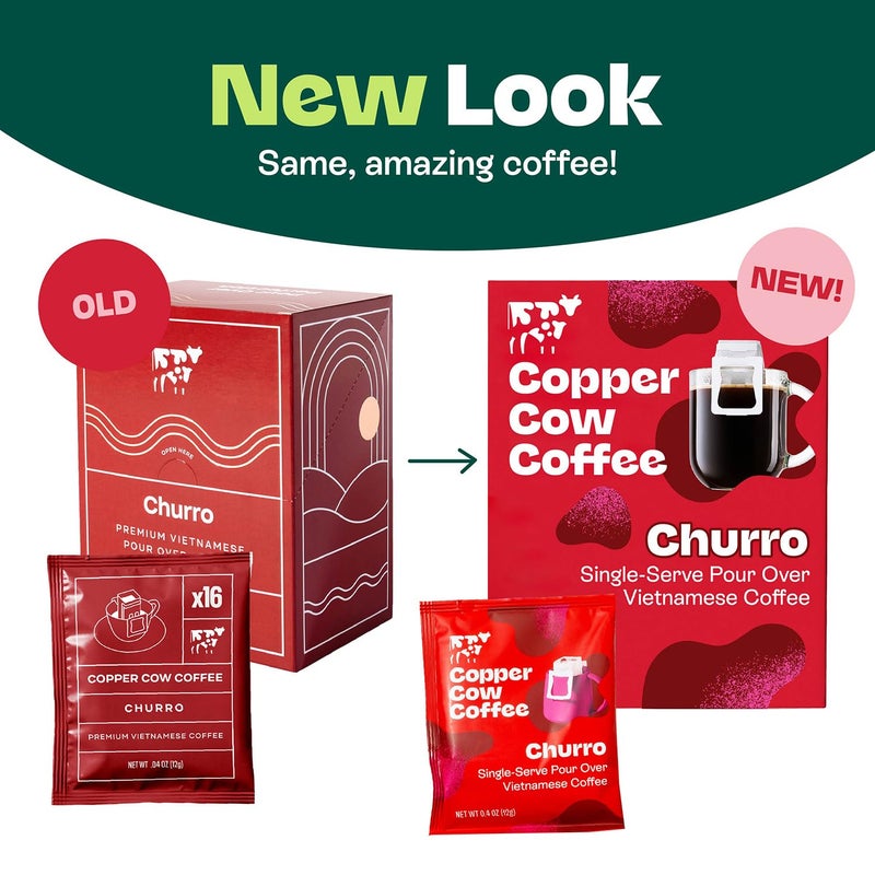 Copper Cow Coffee Pour Over Vietnamese Coffee Pouches + Sweetened Condensed Milk Creamers (8 Coffees & 8 Milk Creamers) | Churro Lattes, No Refrigeration Needed, Travel Friendly - Image 3